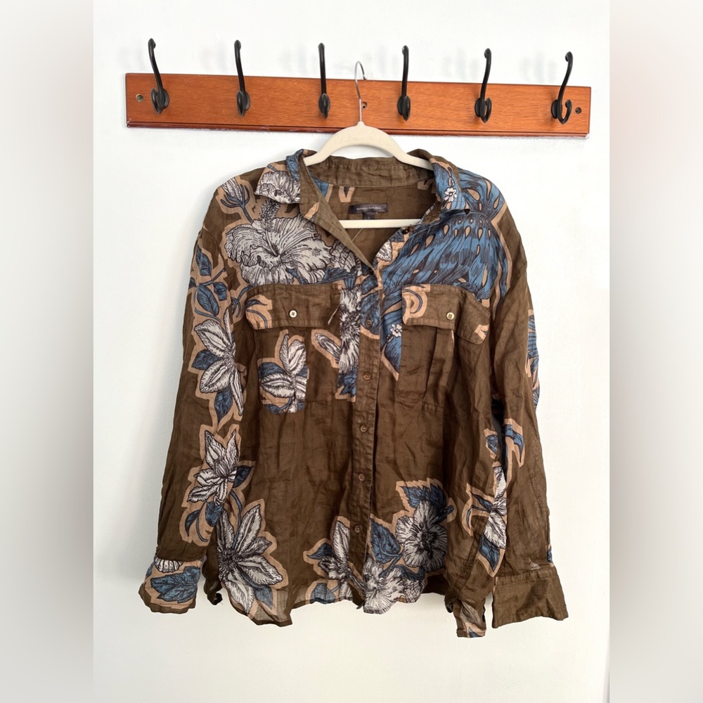 Banana Republic women’s LS linen sheer button down shirt brown blue floral sz. L